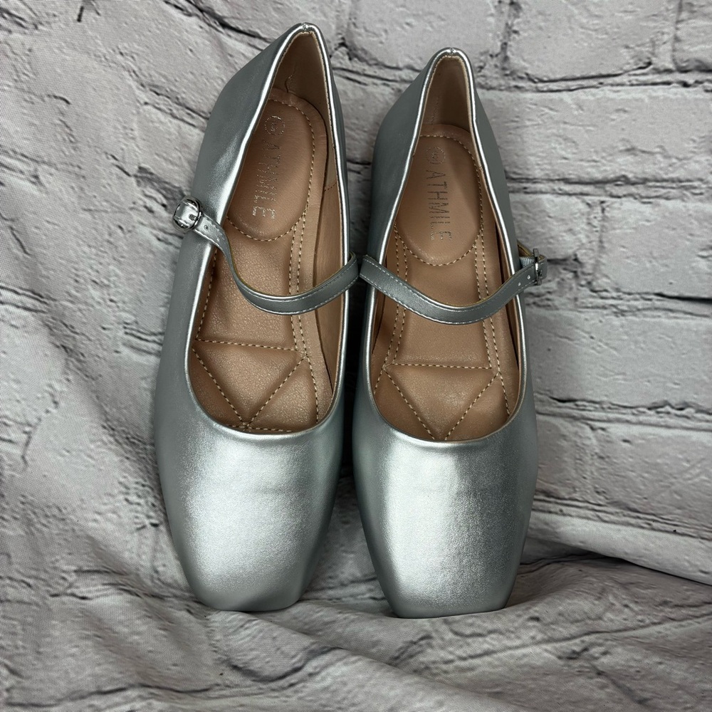 Minimalist Cybercore Coquette Chic Metallic Silver Mary Jane Ballet Shoe Flats 6
